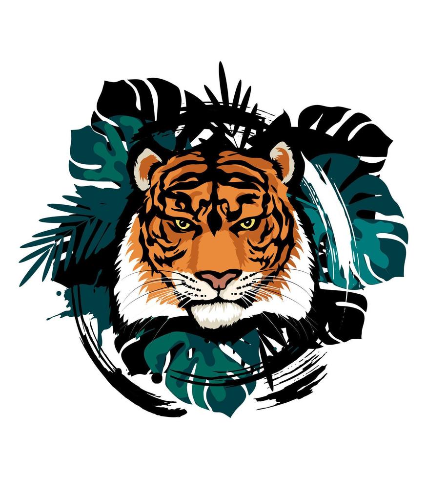 Head of a tiger on a background of tropical leaves. vector