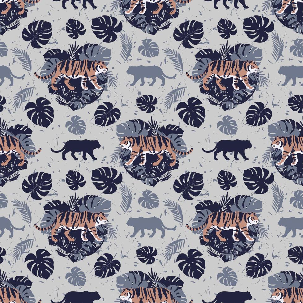 Tigers on a background of tropical leaves. Seamless pattern. vector