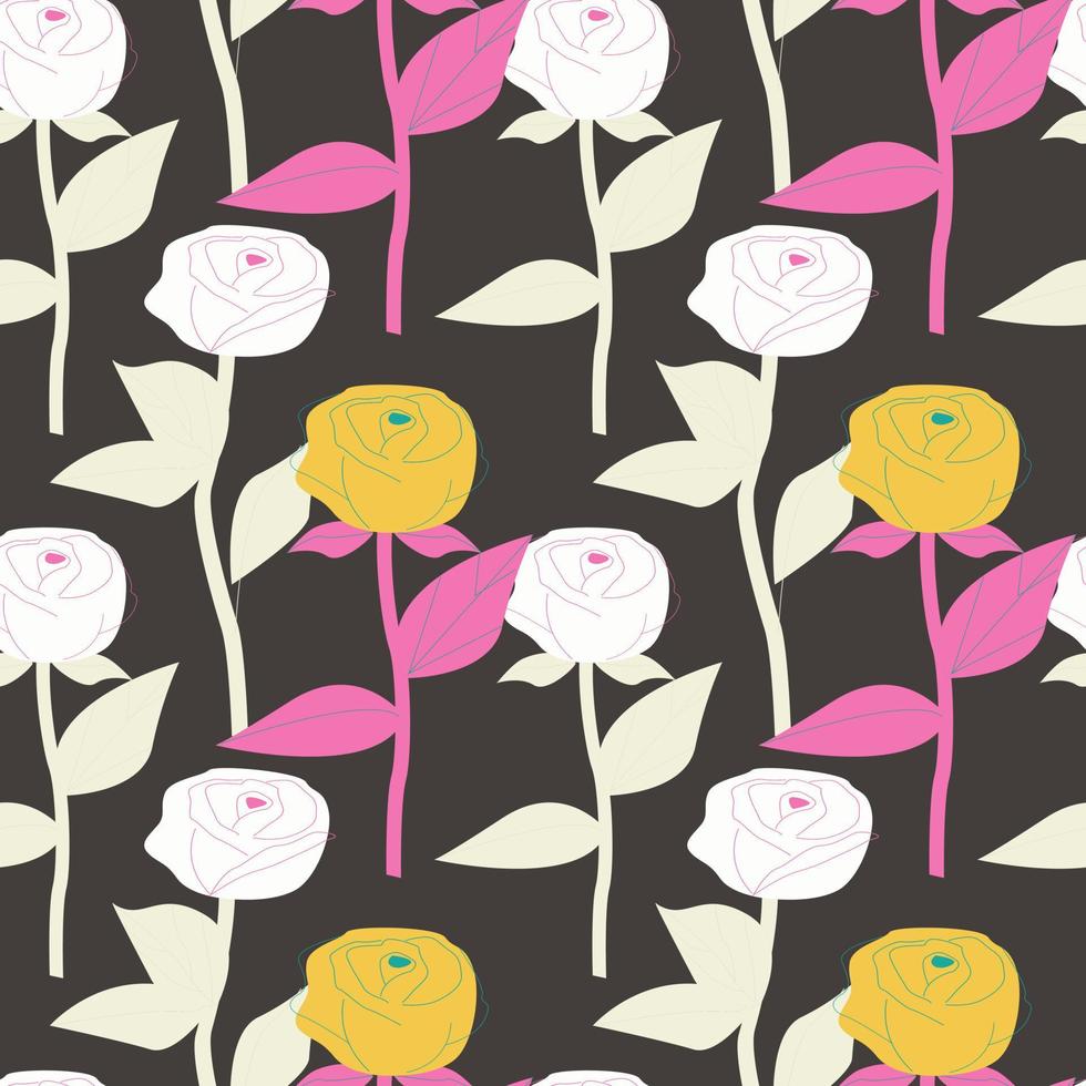 Abstract floral background.Seamless vector pattern with stylized rose flowers on a dark gray background.