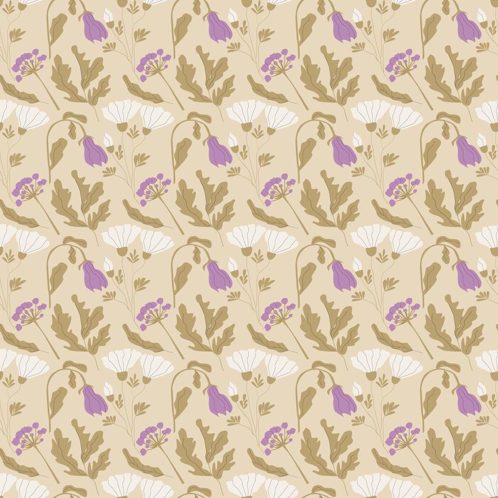 Seamless vector pattern with flowers. Botanical endless ornament in retro colors.