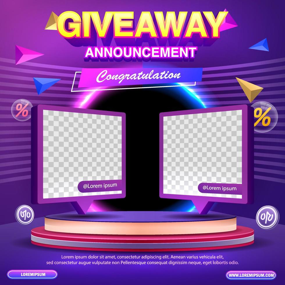 Giveaway winner announcement social media post template. Giveaway winner announcement with two winners. Vector illustration