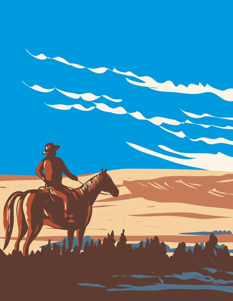 Cowboy and Horse at West Block of Grasslands National Park in Saskatchewan Canada WPA Poster Art vector