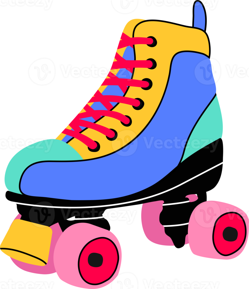 Classic nostalgic 80s 90s element in modern style flat, line art style. Hand drawn PNG retro illustration of quad roller skates, oldschool. Fashion patch, badge, emblem, logo