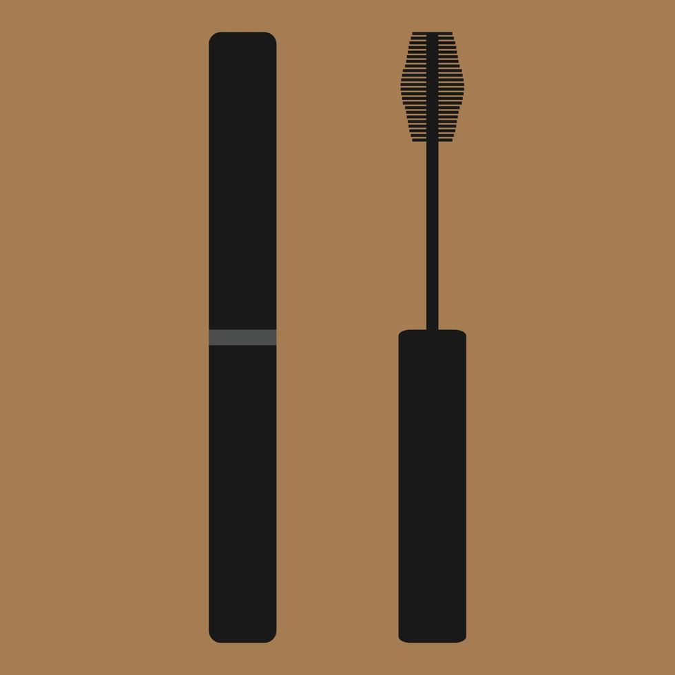A mascara tube and a wand applicator. Cosmetic black bottle with eyelash brush. Isolated on white background. black brush stroke, flat vector illustration