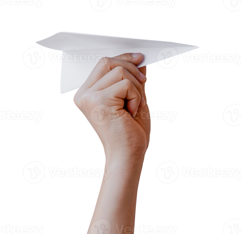 Hand holding paper plane isolated on transparent background PNG file format.