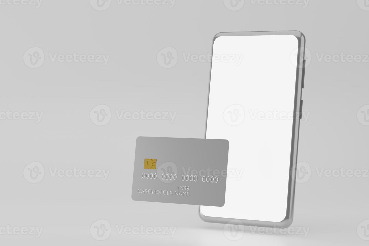 Mockup smartphone and bank credit card on gray background photo