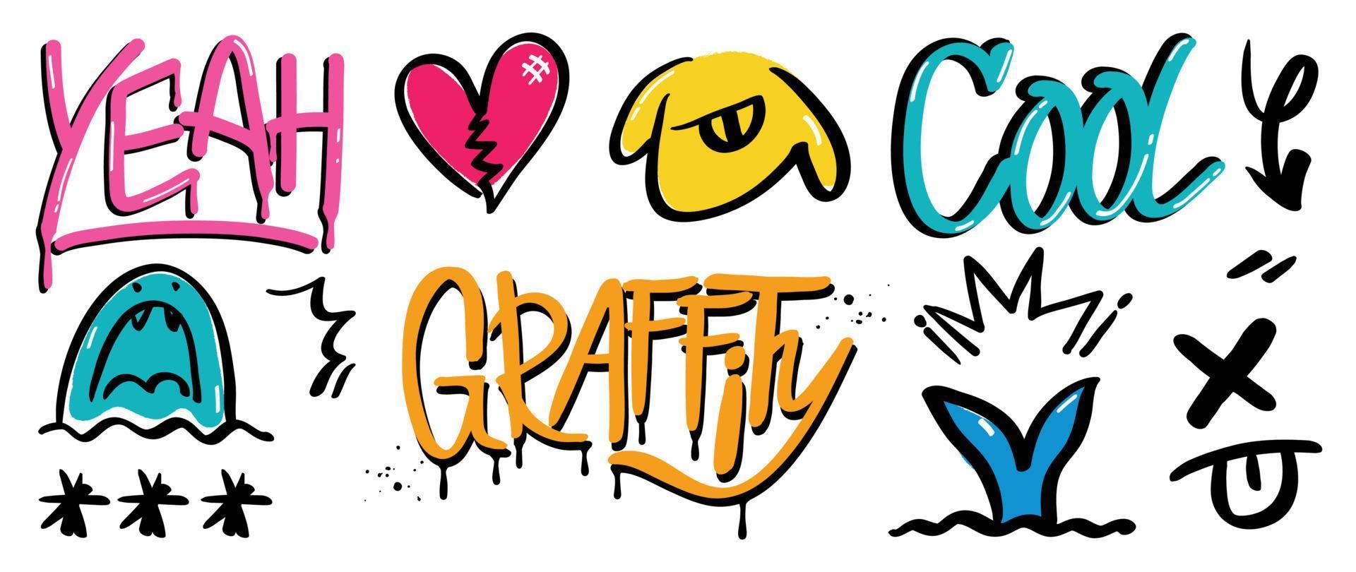 Set of graffiti spray paint vector. Brush paint ink drip texture collection of text, word, broken heart, monster, arrow, whale. Design illustration for decoration, card, sticker. banner, street art. vector