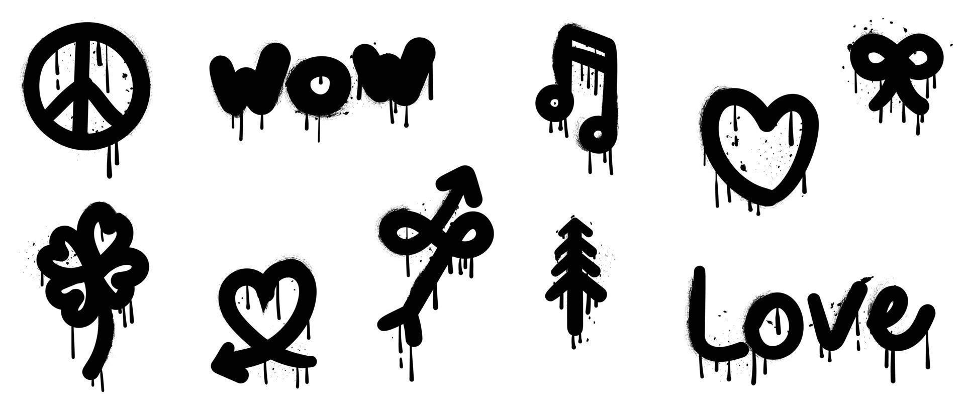 Set of graffiti spray paint vector. Black brush paint ink drip texture collection of symbol, music note, arrow, heart, clover. Design illustration for decoration, card, sticker. banner, street art. vector