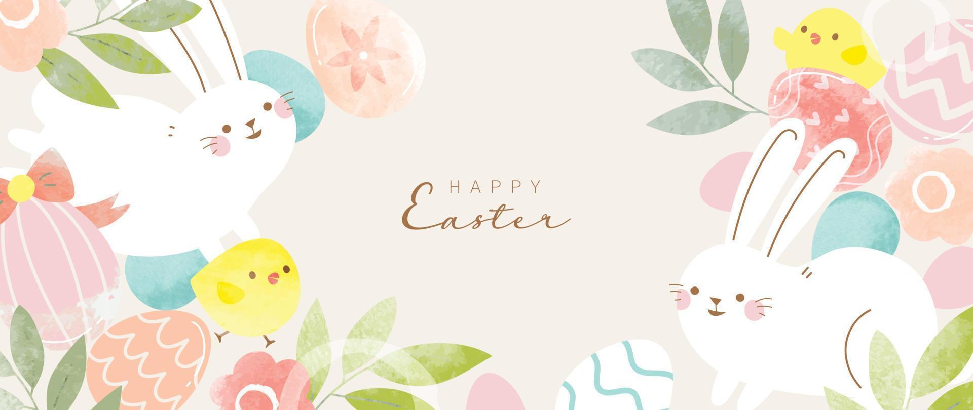 contento Pascua de Resurrección acuarela elemento antecedentes vector. mano pintado linda blanco conejo, Pascua de Resurrección huevos, pollitos, flores, hoja rama. colección de adorable garabatear diseño para decorativo, tarjeta, niños, bandera. vector