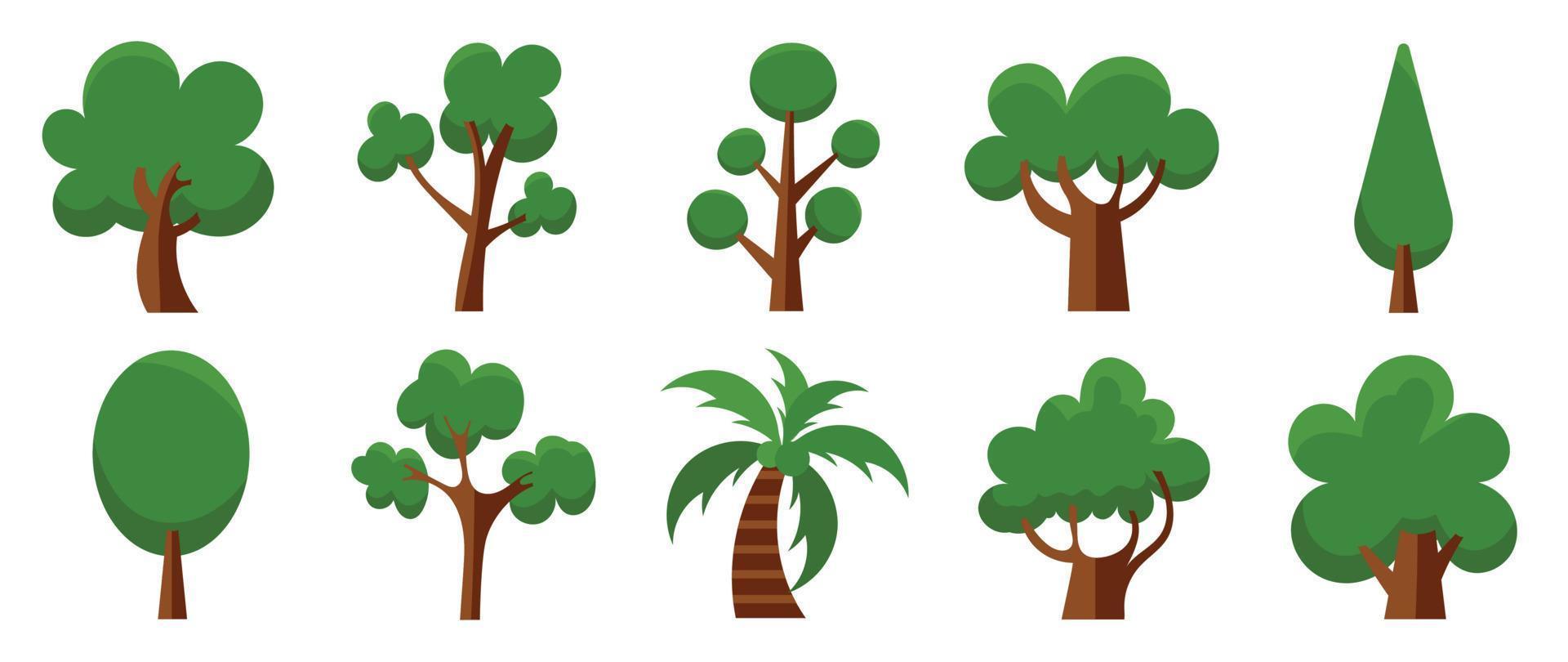 Set of cartoon trees vector. Simple modern style flat forest, jungle, coconut trees, deciduous meadow cute green plants. Design illustration for agricultural garden, nature park, comic landscape. vector