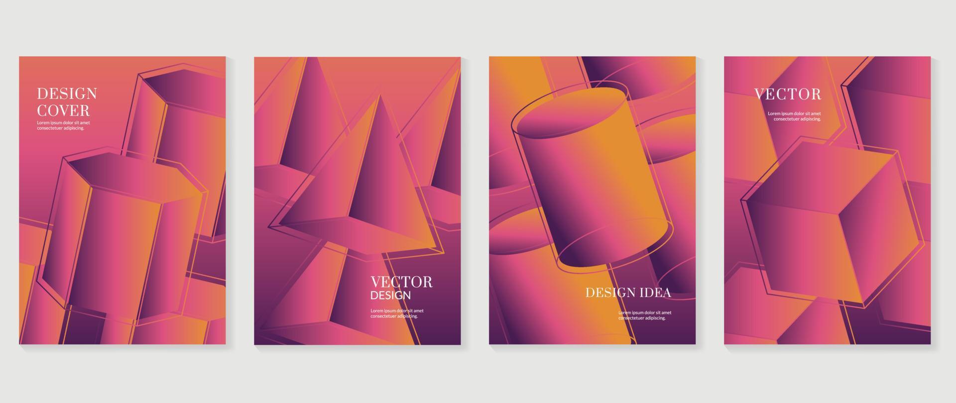 Abstract gradient background vector set. Minimalist style cover template with vibrant 3d geometric prism shapes collection. Ideal design for social media, poster, cover, banner, business flyer.