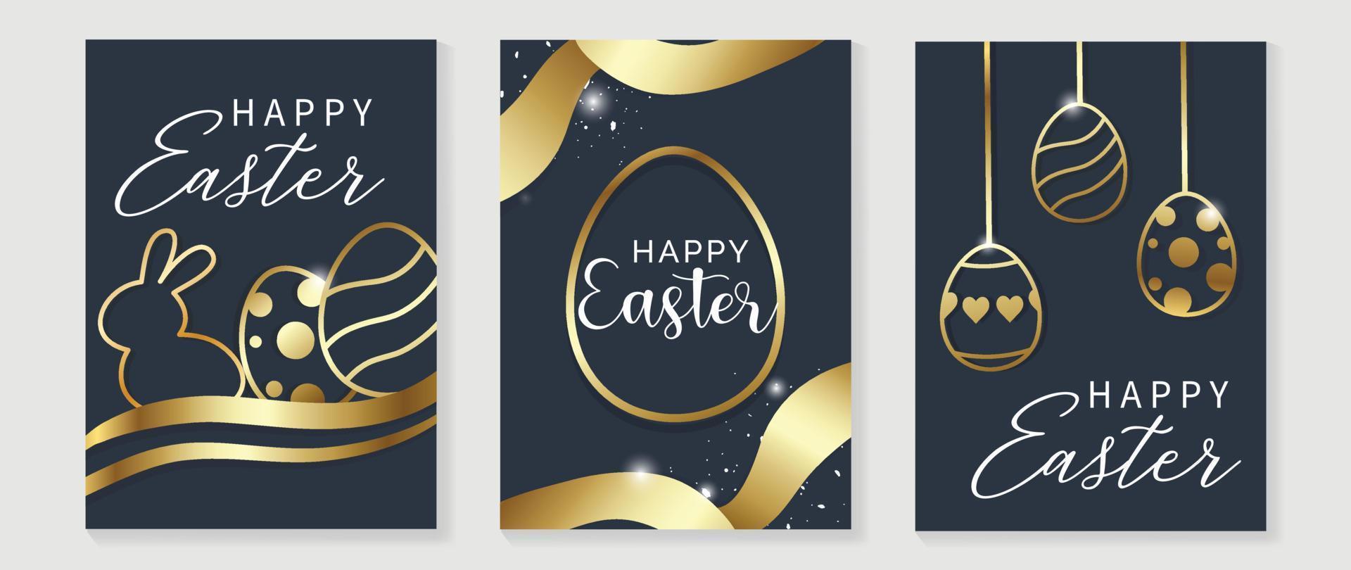 Happy Easter luxury element cover vector set. Elegant gold 3D shiny easter egg line art decorate with rabbit shape on dark background. Adorable glamorous design for decorative, card, kids, poster.