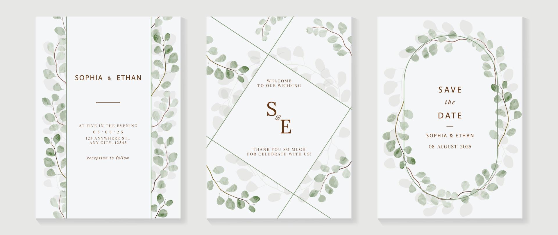 Luxury wedding invitation card background vector. Elegant watercolor botanical green eucalyptus leaves wreath frame texture template. Design illustration for wedding and vip cover template, banner. vector