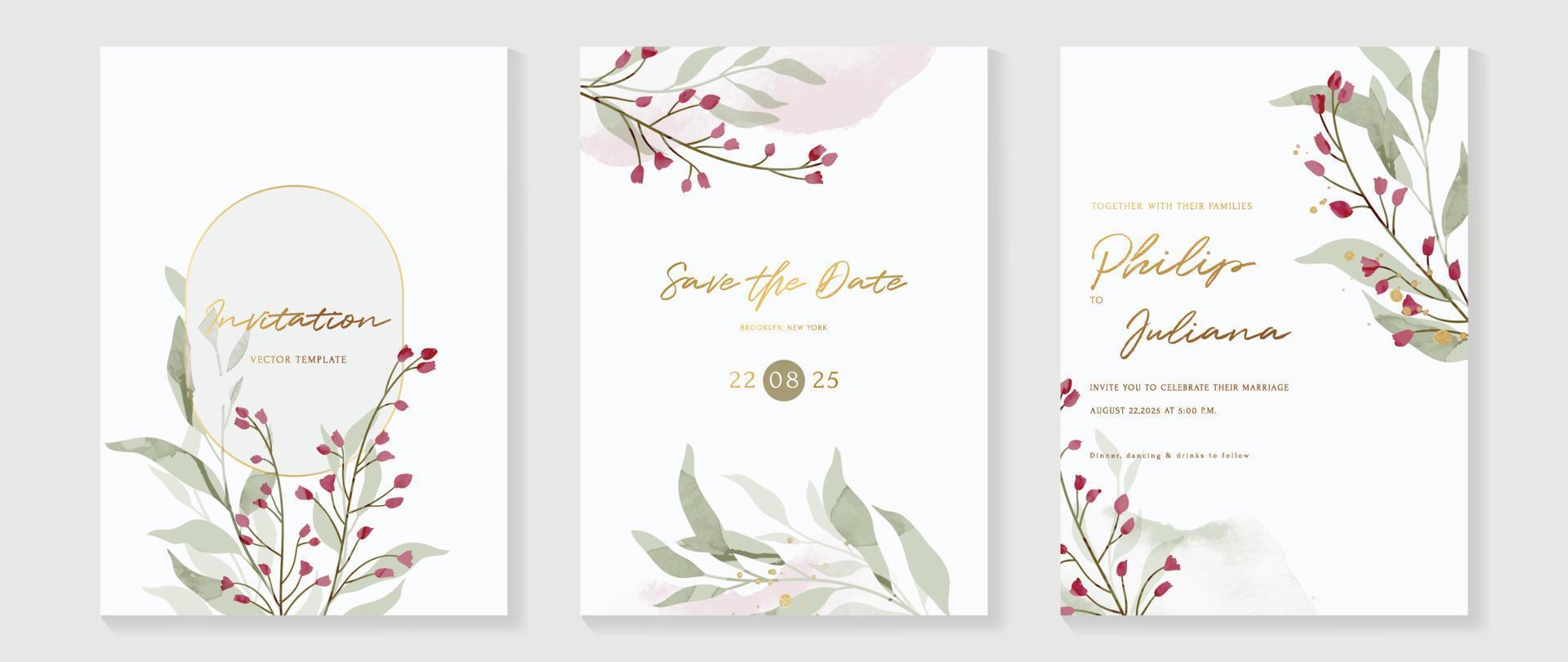 Luxury wedding invitation card background vector. Elegant watercolor botanical wildflowers, leaf branch and gold frame texture template. Design illustration for wedding and vip cover template, banner. vector