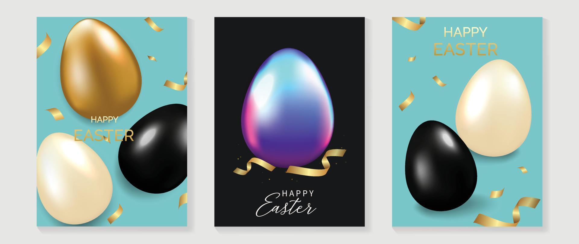 Happy Easter luxury element cover vector set. Elegant 3D shiny gold black and violet easter eggs with ribbon on black and blue background. Adorable glamorous design for decorative, card, kids, poster.