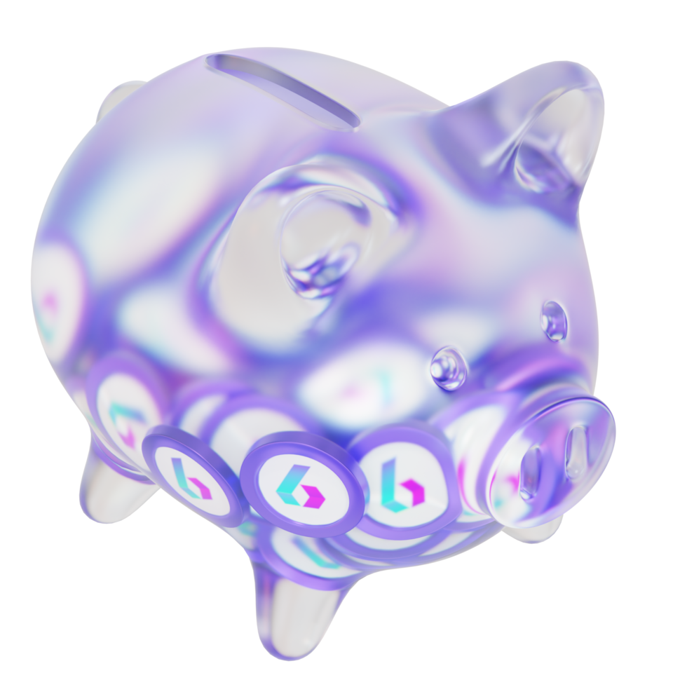 BORA BORA Clear Glass piggy bank with decreasing piles of crypto coins png