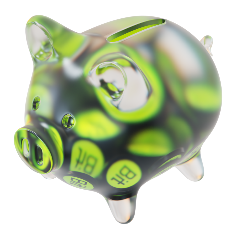 BitDAO BIT Clear Glass piggy bank with decreasing piles of crypto coins png