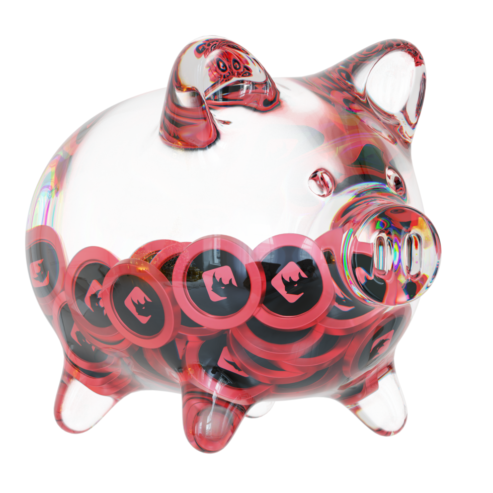 BinaryX BNX Clear Glass piggy bank with decreasing piles of crypto coins png