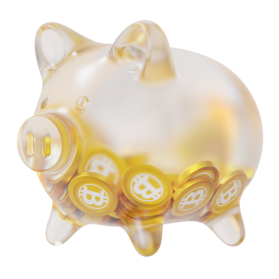 Bitcoin Gold BTG Clear Glass piggy bank with decreasing piles of crypto coins png