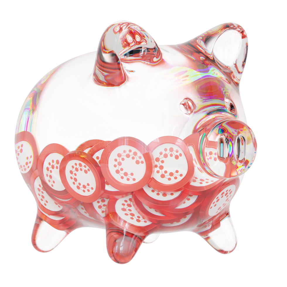 Casper CSPR Clear Glass piggy bank with decreasing piles of crypto coins png