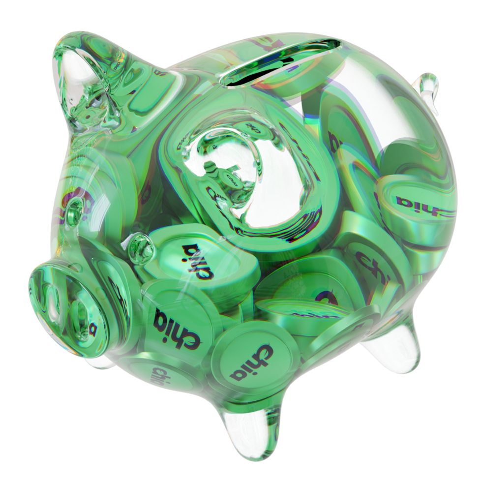 Chia XCH Clear Glass piggy bank with decreasing piles of crypto coins png