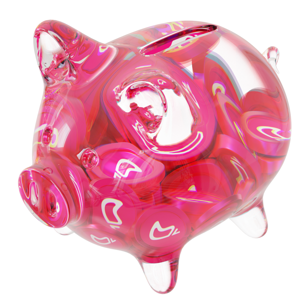 Chiliz CHZ Clear Glass piggy bank with decreasing piles of crypto coins png