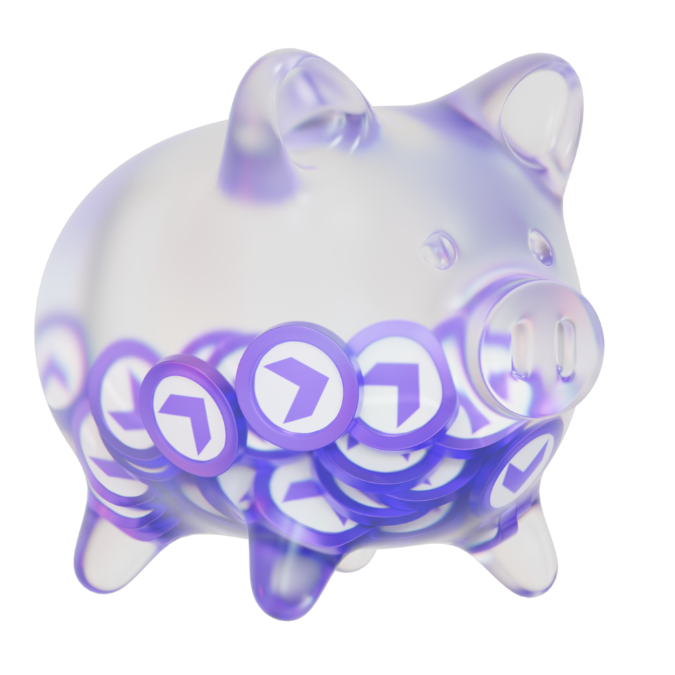 Everscale EVER Clear Glass piggy bank with decreasing piles of crypto coins png