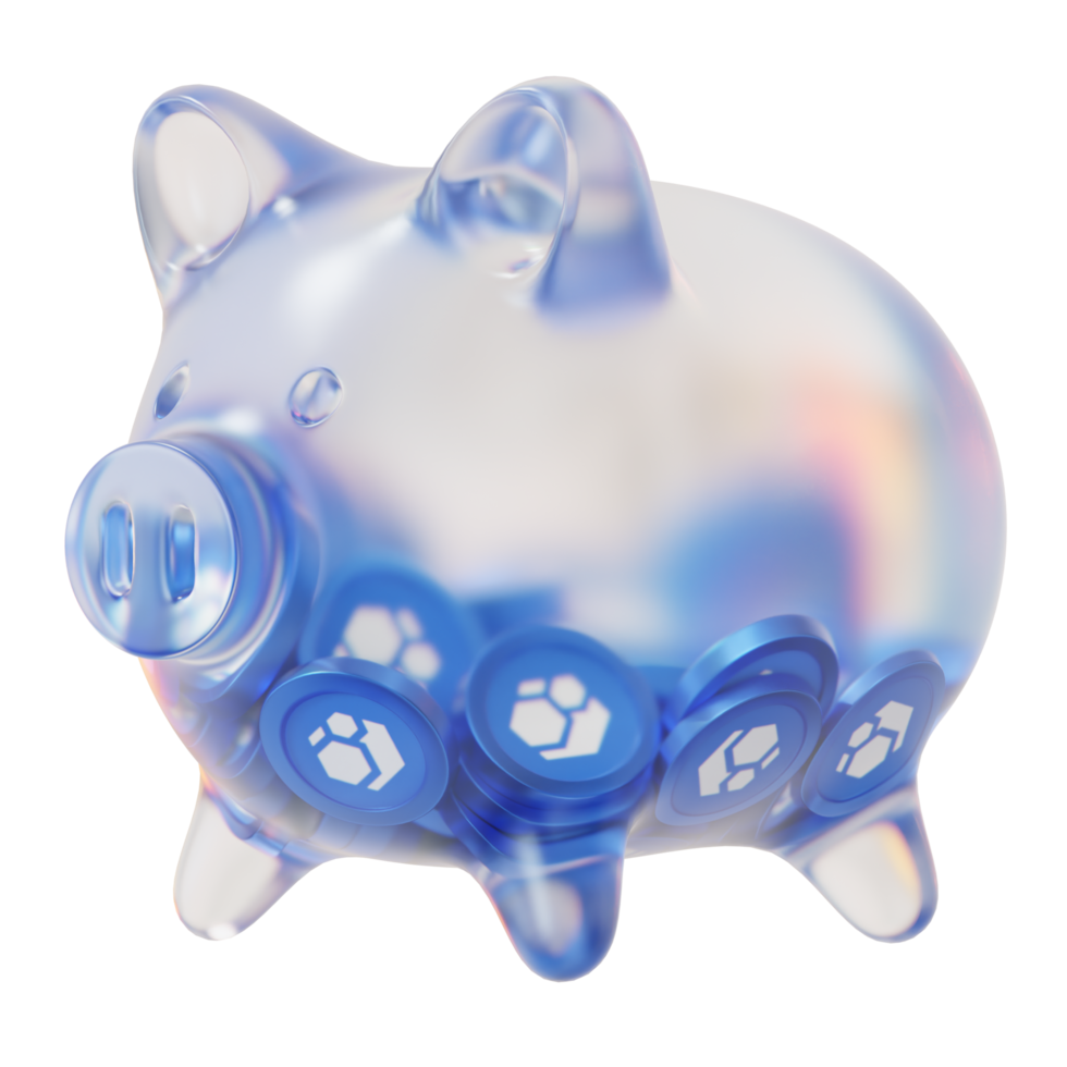 Flux FLUX Clear Glass piggy bank with decreasing piles of crypto coins png