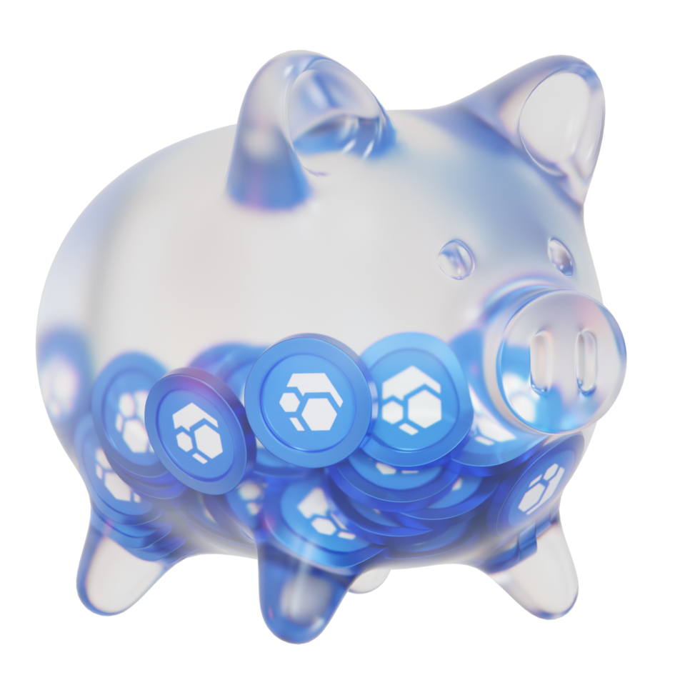 Flux FLUX Clear Glass piggy bank with decreasing piles of crypto coins png