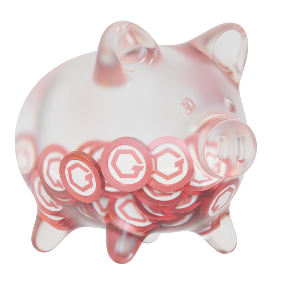GateToken GT Clear Glass piggy bank with decreasing piles of crypto coins png