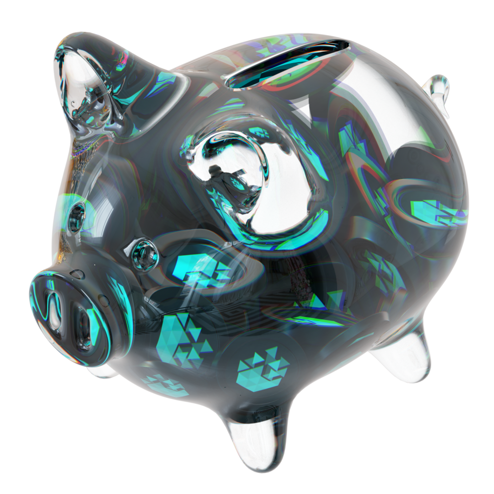 IoTeX IOTX Clear Glass piggy bank with decreasing piles of crypto coins png