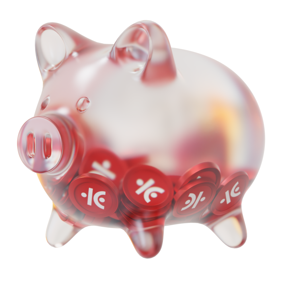 JUST JST Clear Glass piggy bank with decreasing piles of crypto coins png
