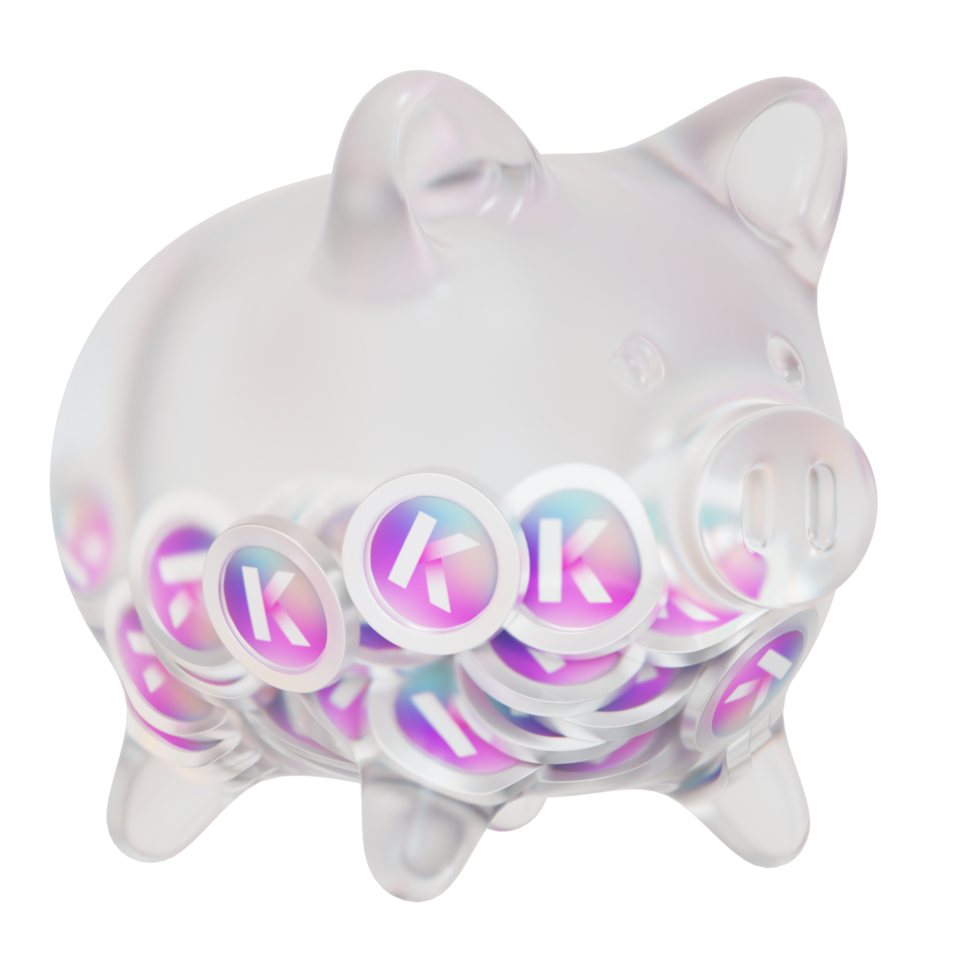 Kadena KDA Clear Glass piggy bank with decreasing piles of crypto coins png