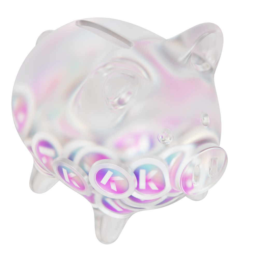 Kadena KDA Clear Glass piggy bank with decreasing piles of crypto coins png