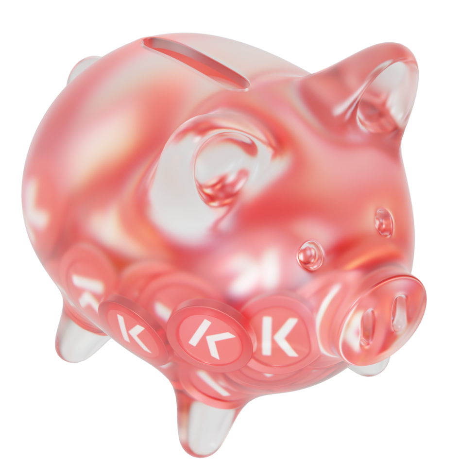 Kava KAVA Clear Glass piggy bank with decreasing piles of crypto coins png