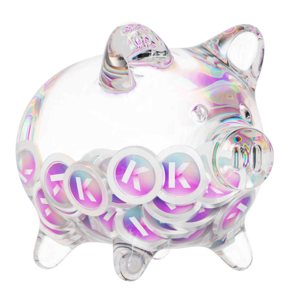 Kadena KDA Clear Glass piggy bank with decreasing piles of crypto coins png