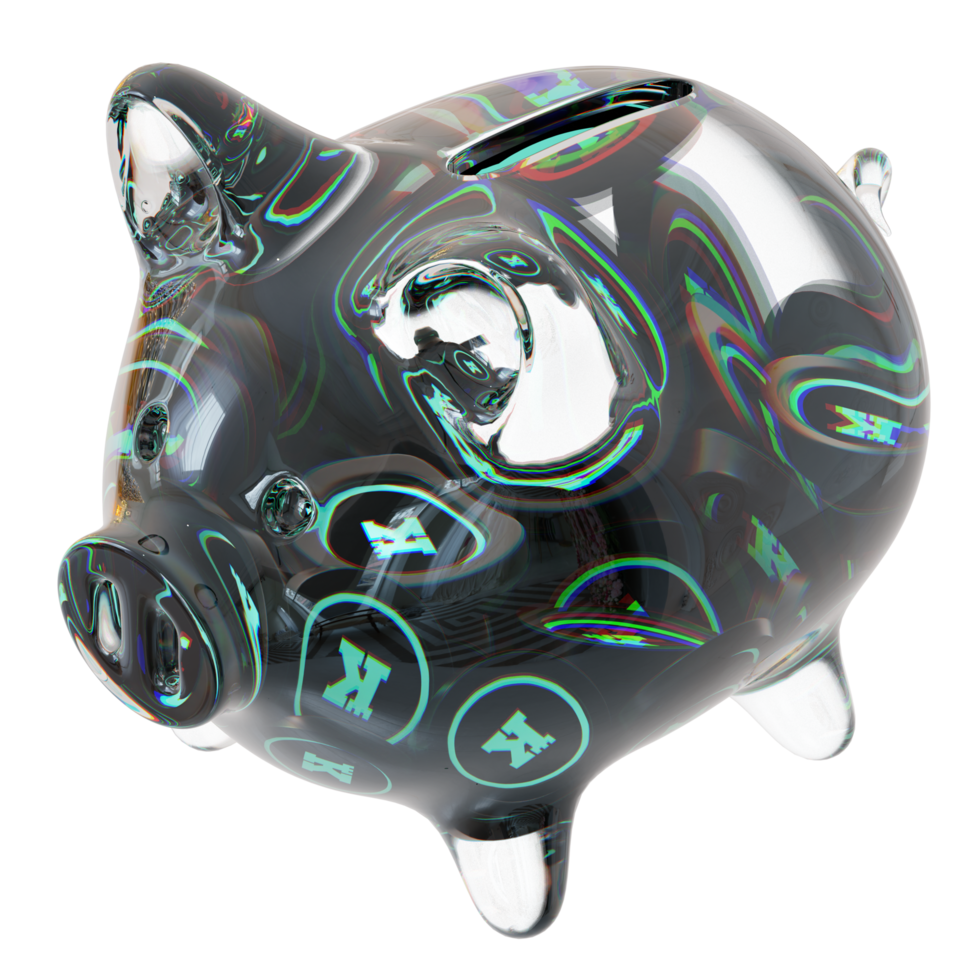 Keep Network KEEP Clear Glass piggy bank with decreasing piles of crypto coins png