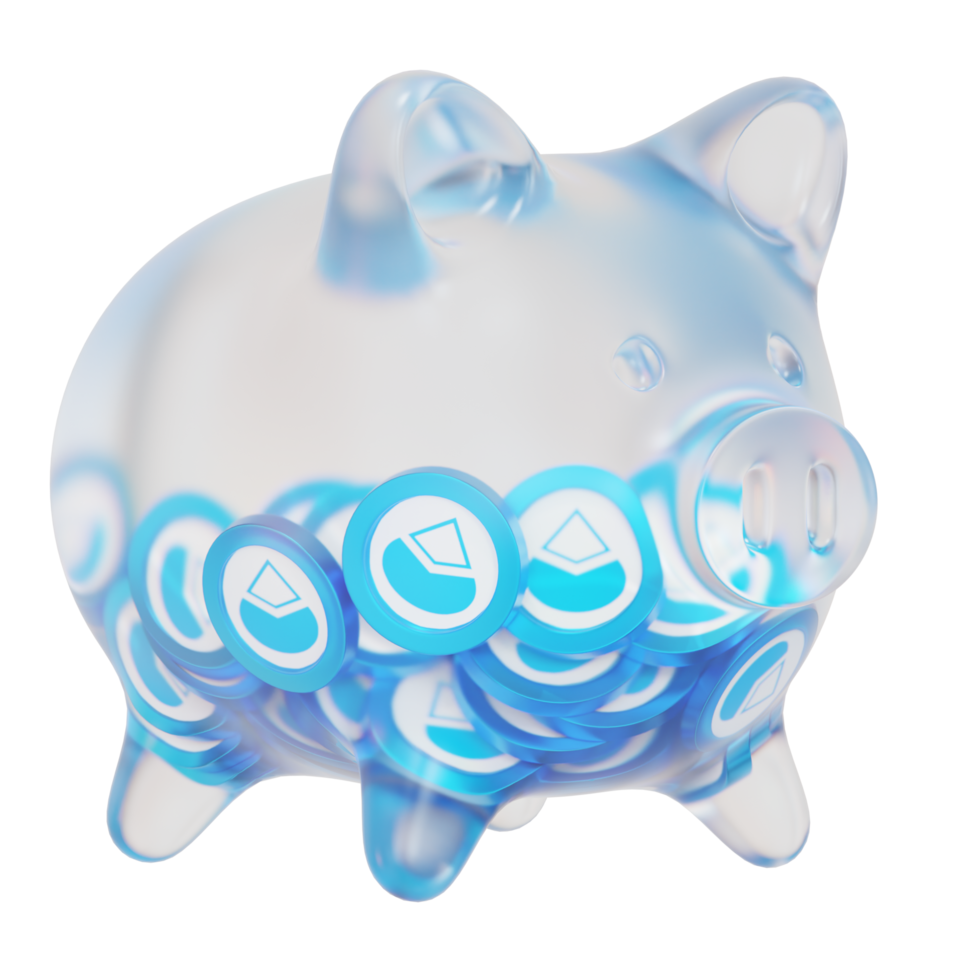 Lido DAO LDO Clear Glass piggy bank with decreasing piles of crypto coins png