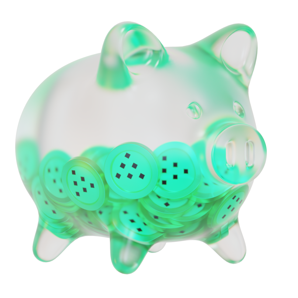 Livepeer LPT Clear Glass piggy bank with decreasing piles of crypto coins png