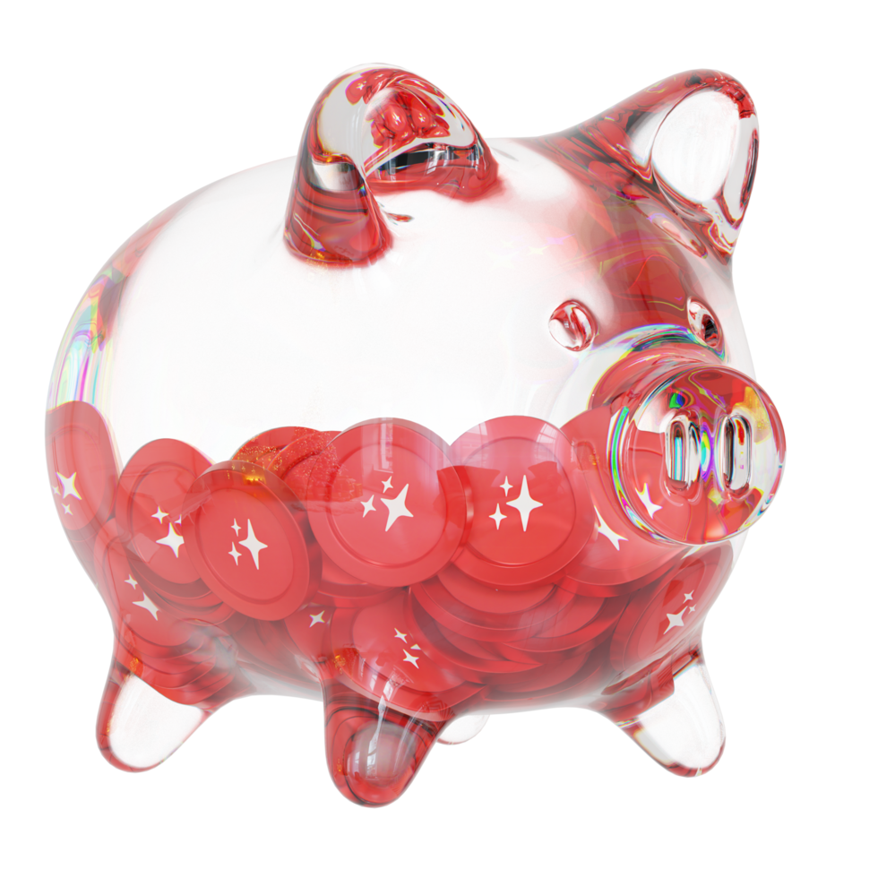 MAGIC MAGIC Clear Glass piggy bank with decreasing piles of crypto coins png