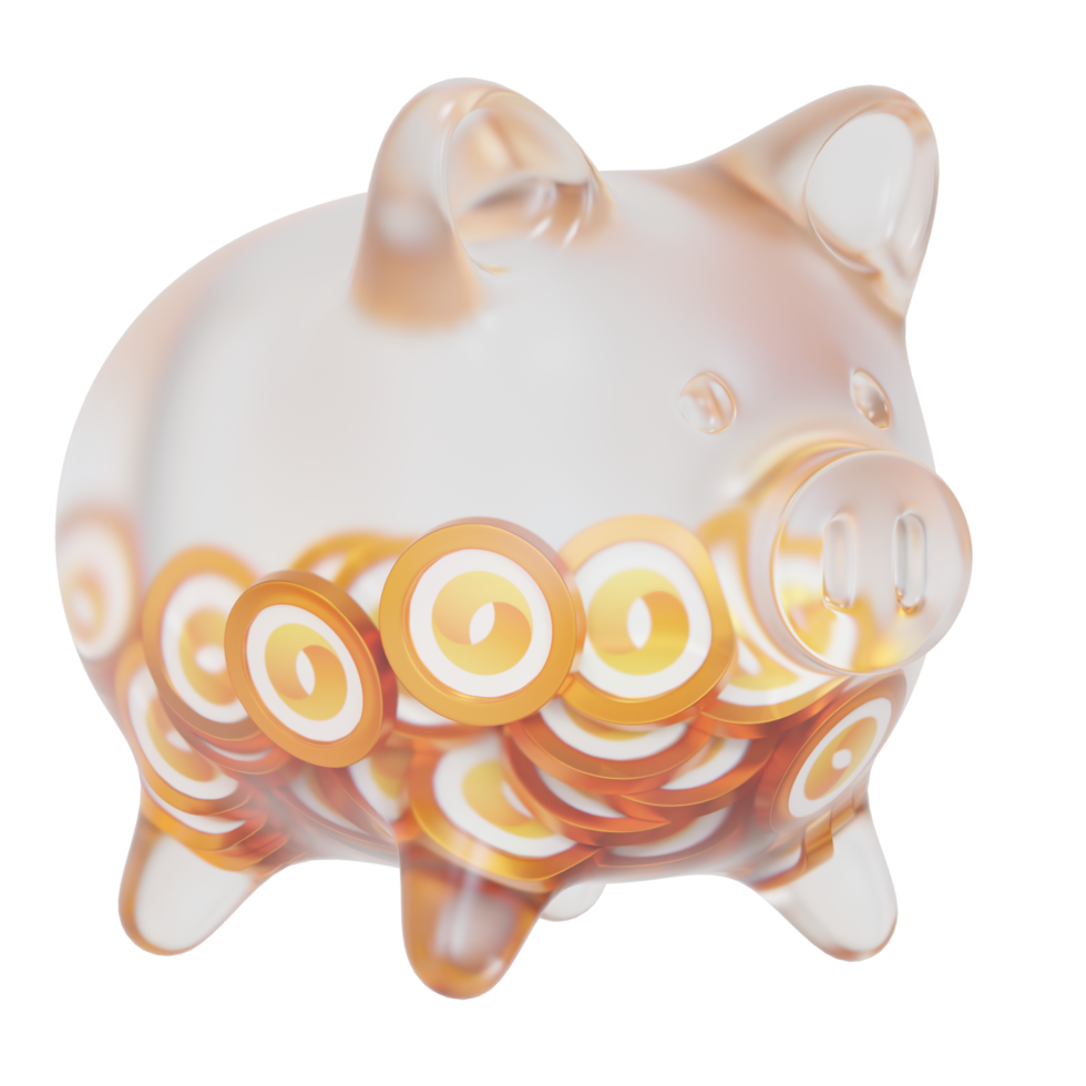Merit Circle MC Clear Glass piggy bank with decreasing piles of crypto coins png