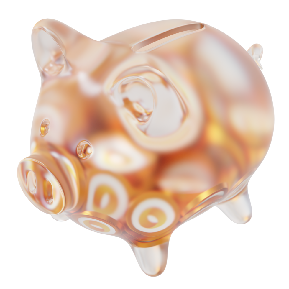 Merit Circle MC Clear Glass piggy bank with decreasing piles of crypto coins png