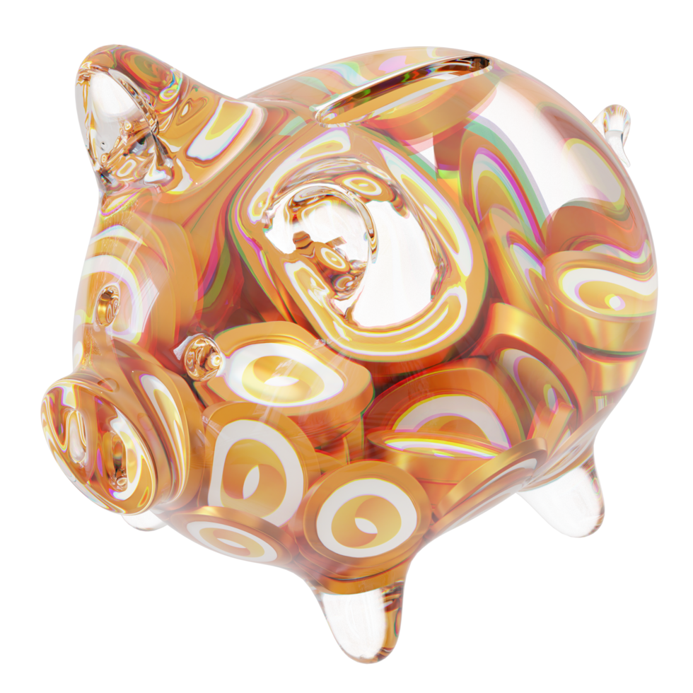 Merit Circle MC Clear Glass piggy bank with decreasing piles of crypto coins png