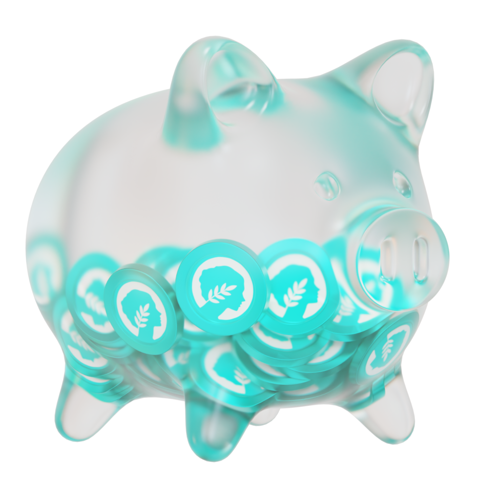 MetisDAO Metis Clear Glass piggy bank with decreasing piles of crypto coins png