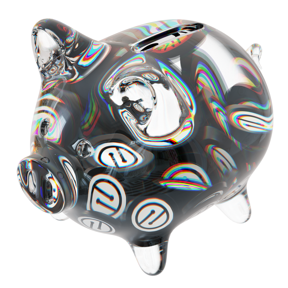 MobileCoin MOB Clear Glass piggy bank with decreasing piles of crypto coins png