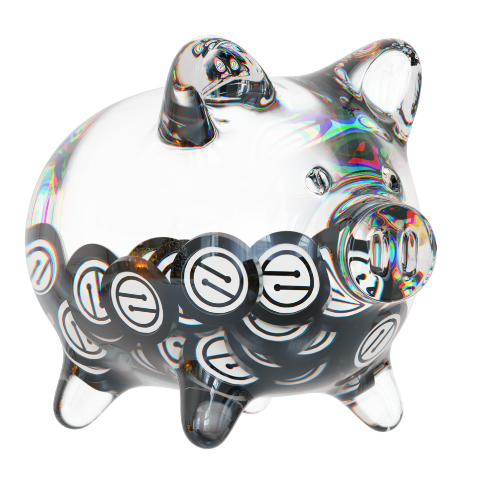 MobileCoin MOB Clear Glass piggy bank with decreasing piles of crypto coins png