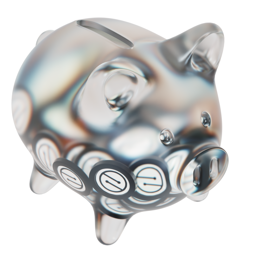 MobileCoin MOB Clear Glass piggy bank with decreasing piles of crypto coins png