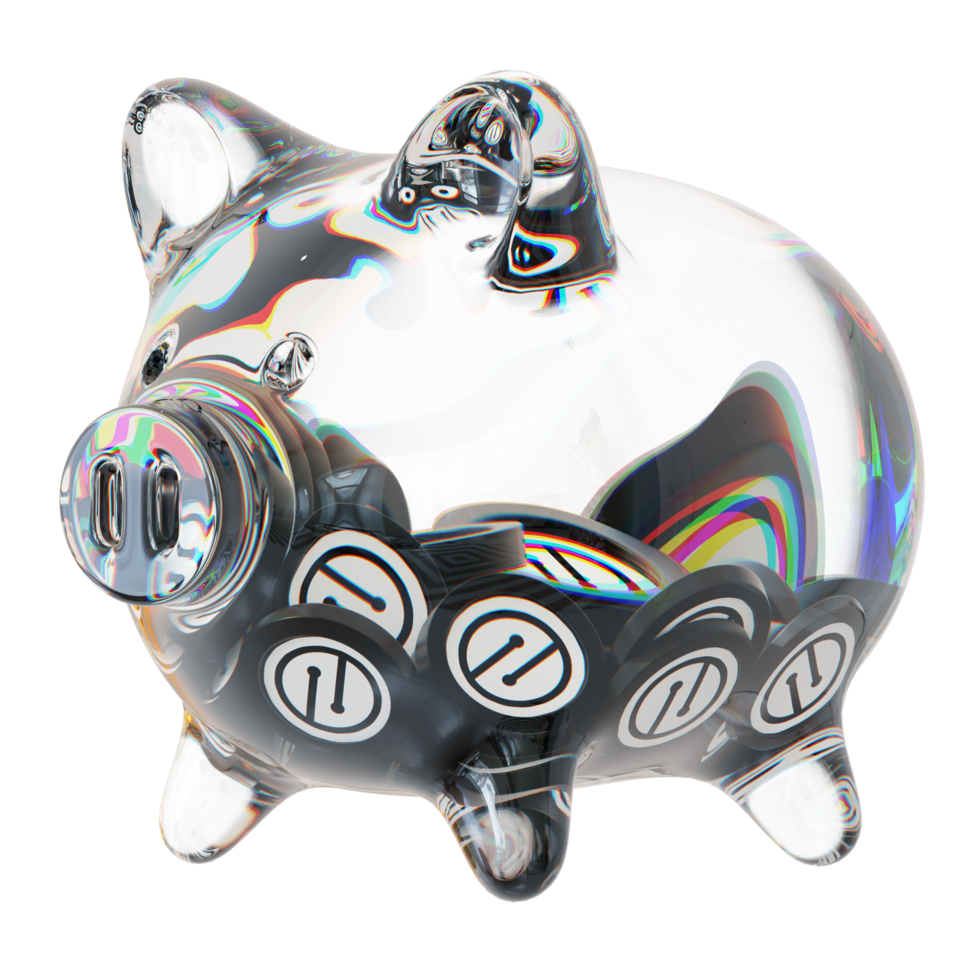 MobileCoin MOB Clear Glass piggy bank with decreasing piles of crypto coins png