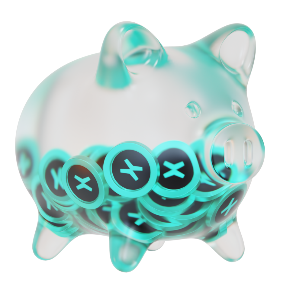 MultiversX EGLD Clear Glass piggy bank with decreasing piles of crypto coins png