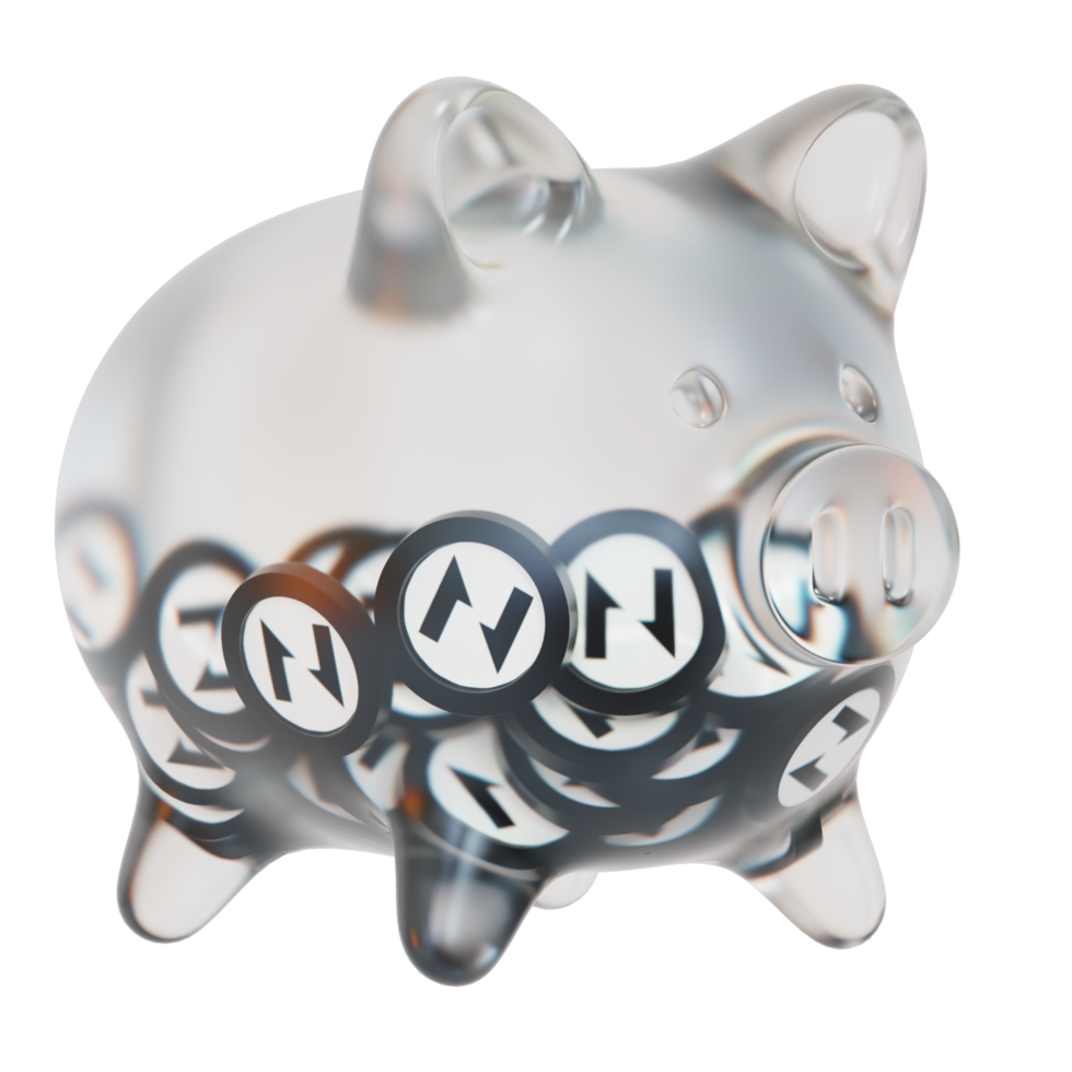 Nervos Network CKB Clear Glass piggy bank with decreasing piles of crypto coins png
